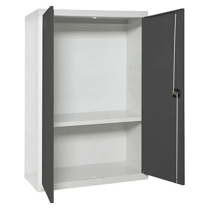 Simonrack Simonlocker Armario multiusos metálico Multi Professional Desmontado - L x An x Al: 40 x 80 x 90 cm, Blanco/Antracita, Número de baldas: 1 ud. - Un armario de oficina abierto gris y blanco con dos estantes para guardar archivos y material de oficina.