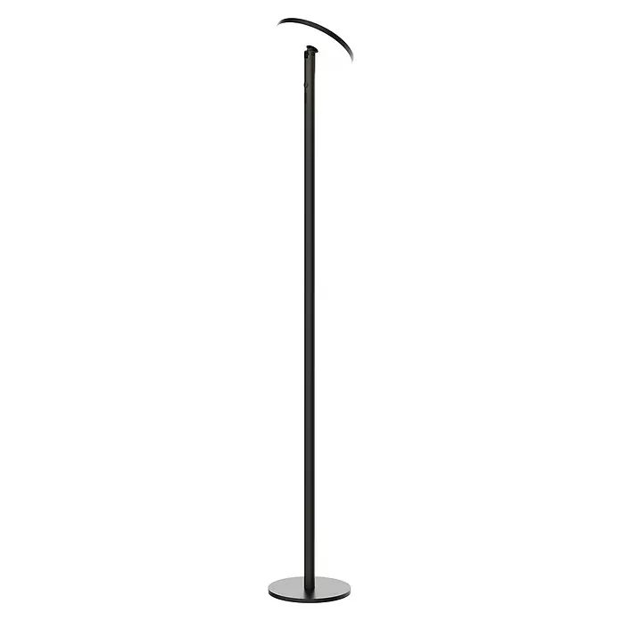 Lavida Akku-Stehleuchte & Tischleuchte Hybrid höhenverstellbar - Schwarz, Warmweiß, 6 W, IP54 - Eine moderne Stehleuchte mit einem runden, leuchtenden Schirm und einem schlanken, schwarzen Ständer auf einem runden Sockel.