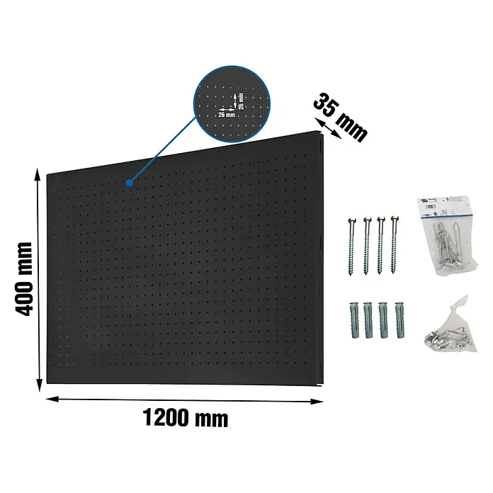 Simonrack Panelclick Panel perforado con 14 ganchos y 3 accesorios - L x An: 120 x 40 cm, Antracita - Panel de herramientas negro con accesorios. El panel perforado mide 1200 mm de ancho y 400 mm de alto. El grosor es de 35 mm.