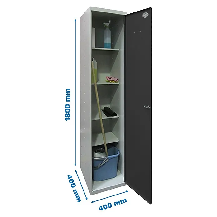 Simonrack Simonlocker Armario multiusos metálico Cleaning Desmontada - L x An x Al: 40 x 40 x 180 cm, Número de puertas: 1 ud., Gris/Antracita - Imagen del producto de un armario de limpieza con estantes, lleno de artículos de limpieza, dimensiones 1800x400x400 mm, ideal para almacenamiento.