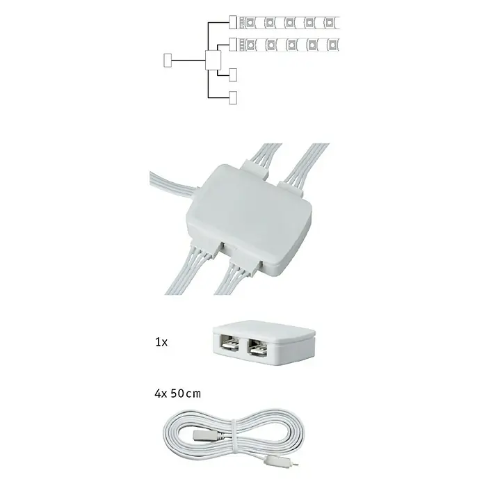 Paulmann Distribuidor YourLED Junction-Box - Plástico, Blanco - Vista del producto de un conector TRÅDFRI, un controlador TRÅDFRI y un cable de alimentación de IKEA.