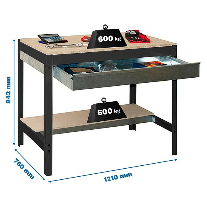 Simonrack Simonwork Banco de trabajo BT0 Box (L x An: 76 x 121 cm, Altura de trabajo: 84,2 cm, Carga soportada: 1.200 kg, Antracita/Madera) | BAUHAUS