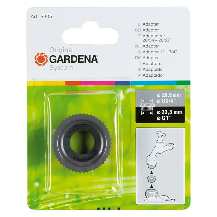 Gardena Adapter - Passend für: Wechsel von Innen- auf Außengewinde, Wasserhähne Ø 33,3 und 26,5 mm, Grau - GARDENA Adapter: Original GARDENA System Adapter mit den Maßen Ø 26,5 mm/G3/4" und Ø 33,3 mm/G1" für eine einfache Installation.