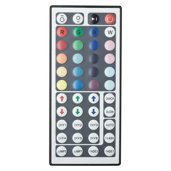 Paulmann Dimm- & Schaltcontroller YourLED RGB - Kunststoff, RGB - Nahaufnahme einer LED-Licht-Fernbedienung mit zahlreichen Tasten für verschiedene Farben, Helligkeiten und Modi.