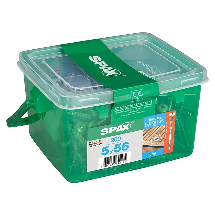 Spax T-Star plus Terrassenschraube - Ø x L: 5 x 56 mm, Edelstahl, Blank, 200 Stk. - Spax Terrassenschrauben 5x56 mm im transparenten, grünen Behälter mit Etikett und Tragegriff. Ideal für den Außenbereich.