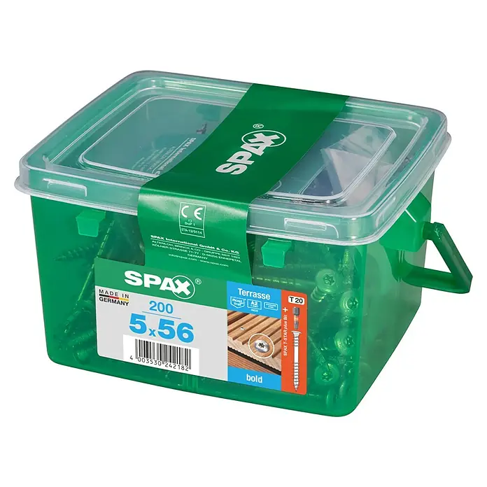 Spax T-Star plus Terrassenschraube - Ø x L: 5 x 56 mm, Edelstahl, Blank, 200 Stk. - Grüne SPAX Terrassenschrauben-Box mit 200 Schrauben (5x56 mm) und T-STAR plus Bit. Ideal für Terrassenbau und Holzkonstruktionen.