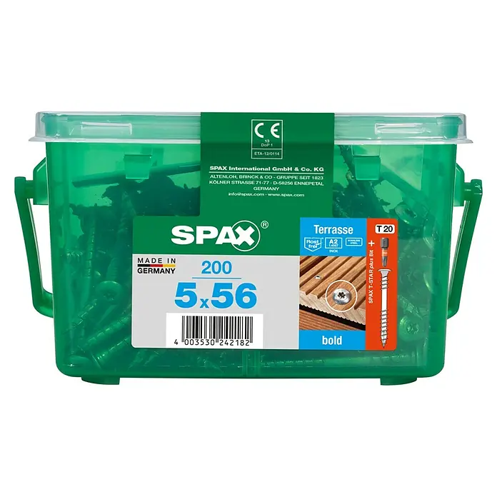 Spax T-Star plus Terrassenschraube - Ø x L: 5 x 56 mm, Edelstahl, Blank, 200 Stk. - Eine grüne Box mit 200 SPAX Terrassenschrauben (5x56 mm), ideal für den Außenbereich mit T-STAR plus Bit und Rostschutz.