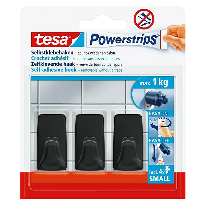 Tesa Powerstrips Selbstklebehaken - Eckig, Größe: S, Schwarz, 3 Stk. - Tesa Powerstrips Selbstklebehaken: Spurlos ablösbare Haken für bis zu 1 kg, ideal für Bad & Küche. Einfache Anbringung ohne Bohren.