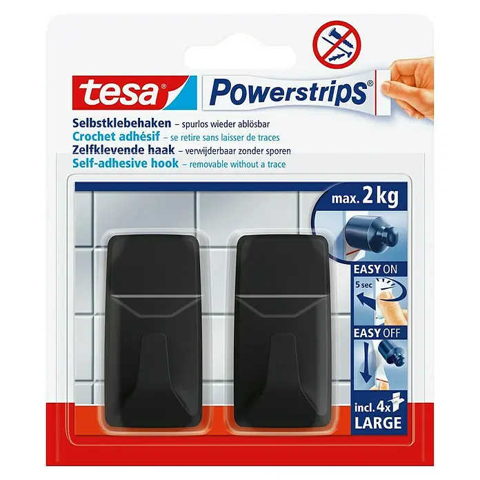 Tesa Powerstrips Selbstklebehaken - Eckig, Größe: L, Schwarz, 2 Stk. - Bild von Tesa Powerstrips Klebehaken, selbstklebend und ohne Spuren entfernbar, ideal für Bad und Küche, bis zu 2 kg.