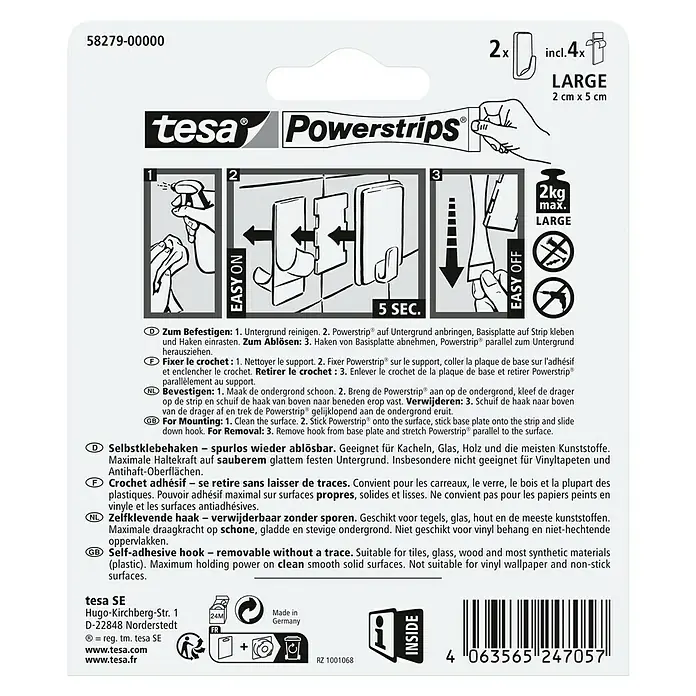 Tesa Powerstrips Selbstklebehaken - Eckig, Größe: L, Schwarz, 2 Stk. - Tesa Powerstrips Haken, wiederablösbar, für glatte Oberflächen, einfache Montage ohne Bohren, max. 2 kg Tragkraft, ideal für Bad und Küche.