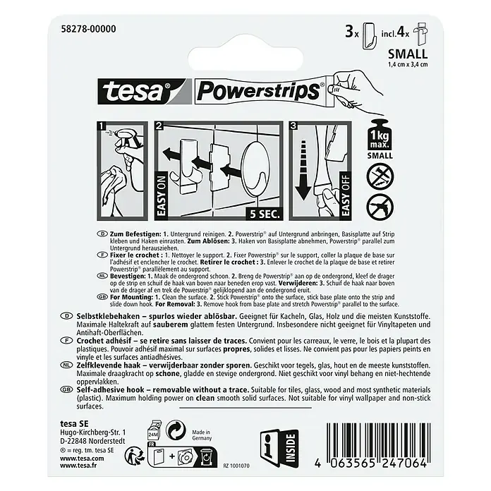 Tesa Powerstrips Selbstklebehaken - Eckig, Größe: S, Schwarz, 3 Stk. - Tesa Powerstrips-Verpackung mit selbstklebenden, spurlos ablösbaren Haken für glatte Oberflächen.