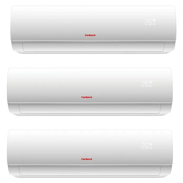 Corberó Aire acondicionado Inverter 3x1 Austral - 3.500 W, 3.500 W, 22 m², Blanco - Tres aires acondicionados Corberó blancos con pantalla digital de temperatura.