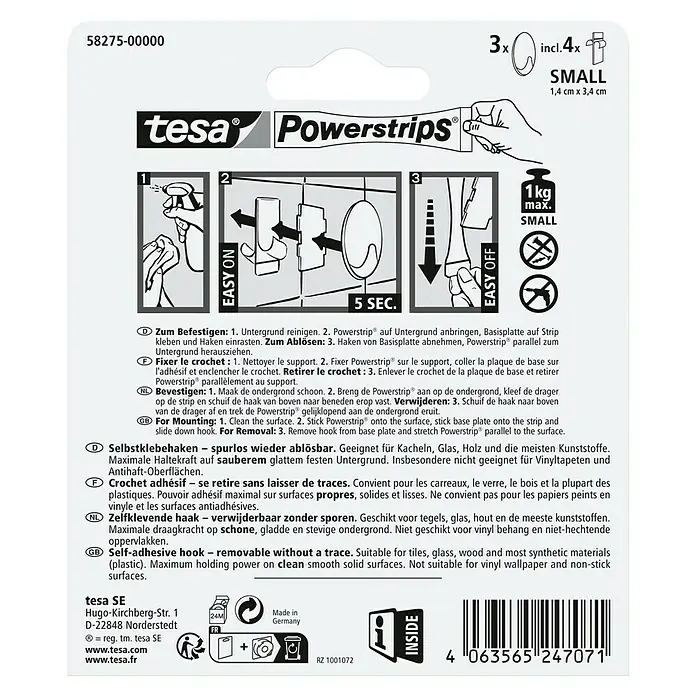 Tesa Powerstrips Selbstklebehaken - Oval, Größe: S, Schwarz, 3 Stk. - Tesa Powerstrips, selbstklebende Haken zur einfachen Befestigung ohne Bohren. Ideal für Bad, Küche und Büro, rückstandslos ablösbar.