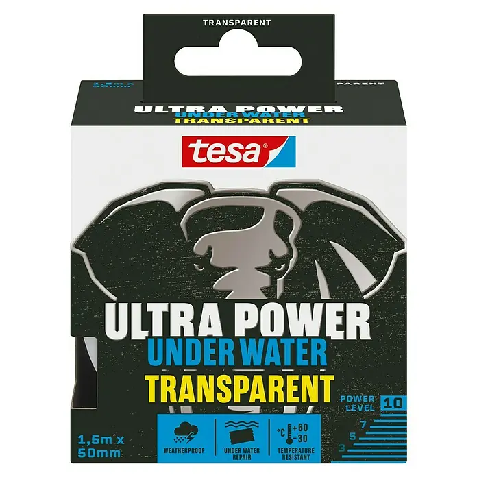 Tesa Ultra Power Reparaturband Under Water - 1,5 m x 50 mm, Transparent - Verpackung des Tesa Ultra Power Unterwasser-Klebebands. Transparent, extrem stark, wasserfest und temperaturbeständig, ideal für Reparaturen.