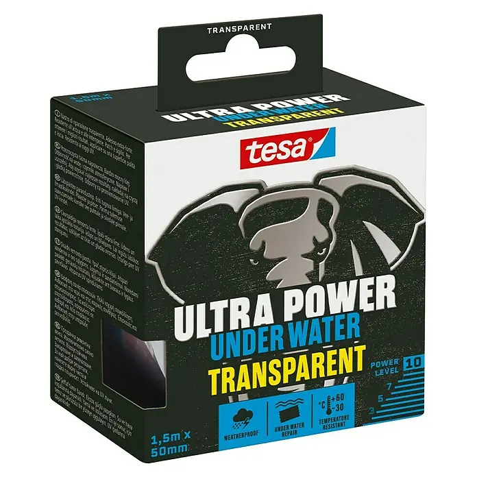 Tesa Ultra Power Reparaturband Under Water - 1,5 m x 50 mm, Transparent - Tesa Ultra Power Unterwasser Transparent Reparatur-Klebeband. Stark haftend, wasserfest & UV-beständig, ideal für Reparaturen.