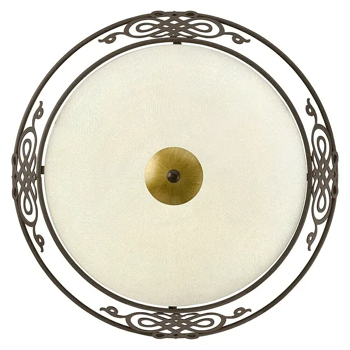 Eglo Plafón redondo Mestre - 120 W, Ø x Al: 39 x 13,5 cm, Marrón, E27 - Una lámpara de techo empotrada con una pantalla crema enmarcada en un metal color bronce ornamentado.