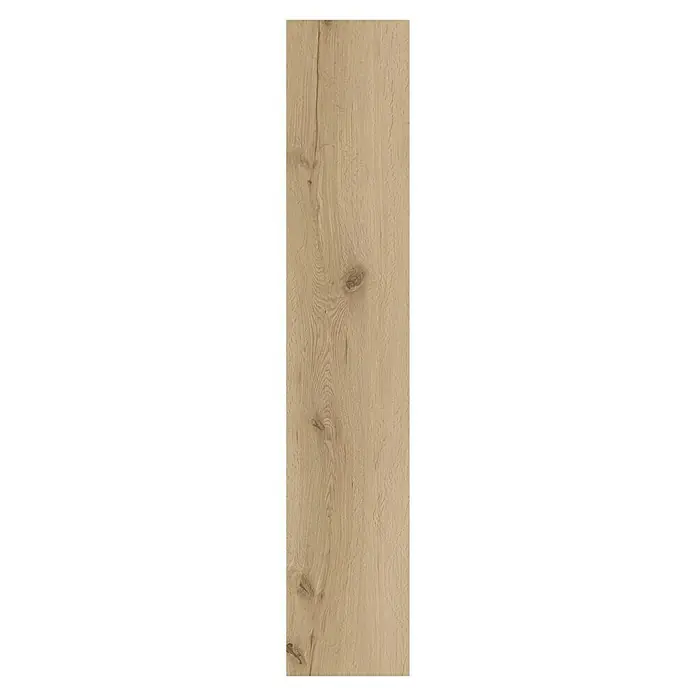 Vinylboden Rigid - Eiche Broendby, Landhausdiele, 1.220 x 229 x 4 mm - Nahaufnahme einer einzelnen Diele aus hellem Eichenparkett, die die Maserung und die natürlichen Details des Holzes zeigt.