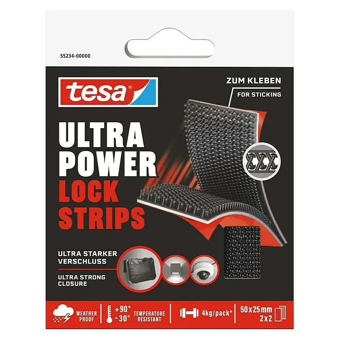 Tesa Ultra Power Klettpad Lock Strips - L x B: 5 cm x 25 mm, Schwarz - Tesa Ultra Power Lock Strips: Stark haftende Klettstreifen für zuverlässige Verbindungen im Innen- und Außenbereich, wetterfest und temperaturbeständig.