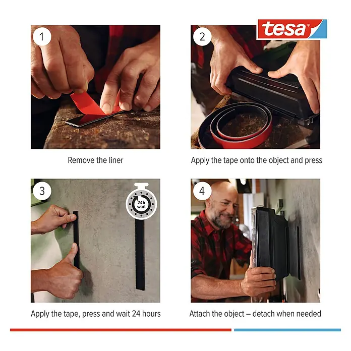 Tesa Ultra Power Klettpad Lock Tape - L x B: 1 m x 25 mm, Schwarz - Anleitung für Tesa selbstklebendes schwarzes Band: Band auf Objekt & Wand kleben, 24h warten, dann Gegenstände lösbar befestigen.