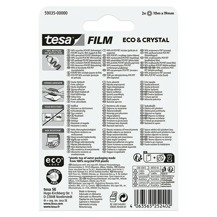 Tesa Film Klebefilm Eco & Crystal - 2 Stk., 10 m x 19 mm - Verpackung für tesa ECO & CRYSTAL Klebeband aus recyceltem PET, mit starker, reiß- und alterungsbeständiger Klebkraft.