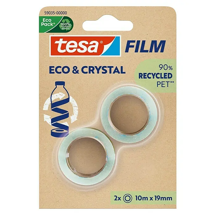 Tesa Film Klebefilm Eco & Crystal - 2 Stk., 10 m x 19 mm - Zwei Tesa Eco & Crystal Filmklebebänder (10m x 19mm), 90% recyceltes PET, in einer Recycling-Karton-Öko-Verpackung.