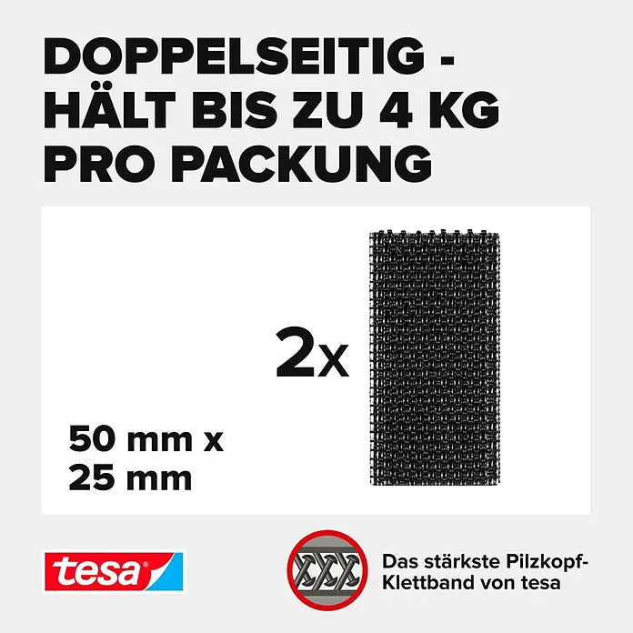 Tesa Ultra Power Klettpad Lock Strips - L x B: 5 cm x 25 mm, Schwarz - Zwei schwarze tesa Pilzkopf-Klettbänder, 50x25mm, halten bis zu 4 kg pro Packung.