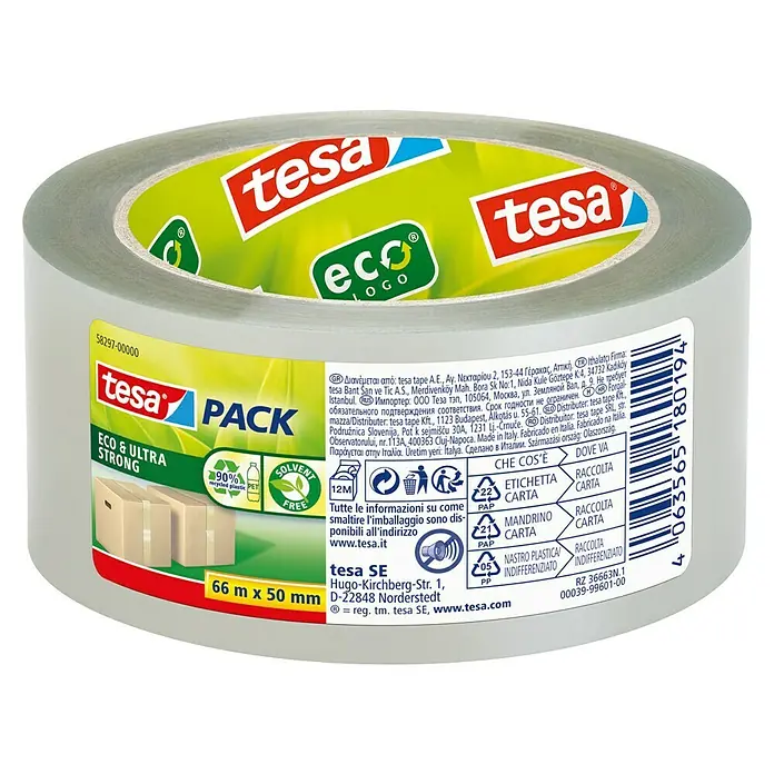 Tesa Pack Paketklebeband Eco & Ultra Strong - Transparent, L x B: 66 m x 50 mm - Ein Rollenbild des umweltfreundlichen Tesa Pack Klebebands, stark und zuverlässig für verschiedenste Verpackungsanforderungen.
