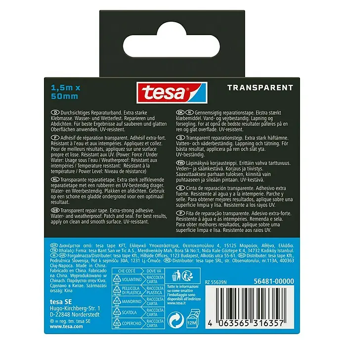 Tesa Ultra Power Reparaturband Under Water - 1,5 m x 50 mm, Transparent - Das Bild zeigt eine Tesa Transparent Reparatur-Klebebandrolle, ideal für schnelle und unauffällige Reparaturen im Haushalt.