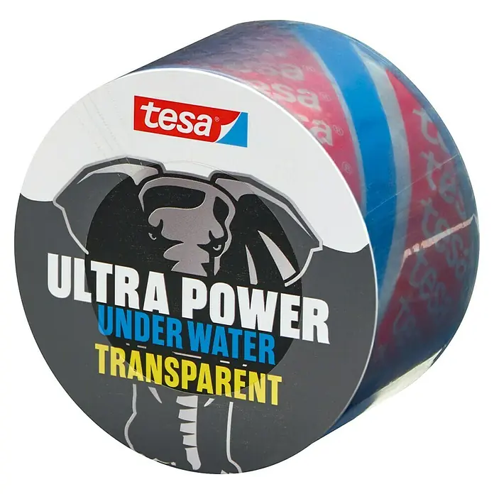 Tesa Ultra Power Reparaturband Under Water - 1,5 m x 50 mm, Transparent - Transparente Tesa Ultra Power Klebebandrolle für Unterwasseranwendungen mit Elefantenlogo.