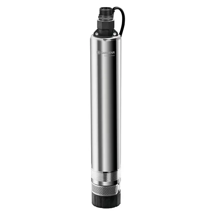 Gardena Tiefbrunnenpumpe 5500/5 Inox - 850 W, 5.500 l/h, Edelstahl - Eine Gardena Tiefbrunnenpumpe mit einem Gehäuse aus Edelstahl. Das Gerät ist robust und für den Einsatz in Brunnen konzipiert.