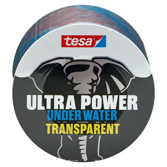 Tesa Ultra Power Reparaturband Under Water - 1,5 m x 50 mm, Transparent - Abbildung einer Rolle Tesa Ultra Power Underwater Transparent Klebeband, die sich ideal für Unterwasserreparaturen eignet.