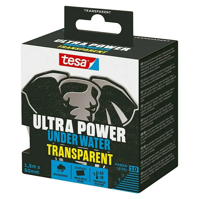 Tesa Ultra Power Reparaturband Under Water - 1,5 m x 50 mm, Transparent - tesa Ultra Power Under Water Transparent Klebeband-Packung (1,5m x 50mm) für wasserdichte Unterwasserreparaturen.