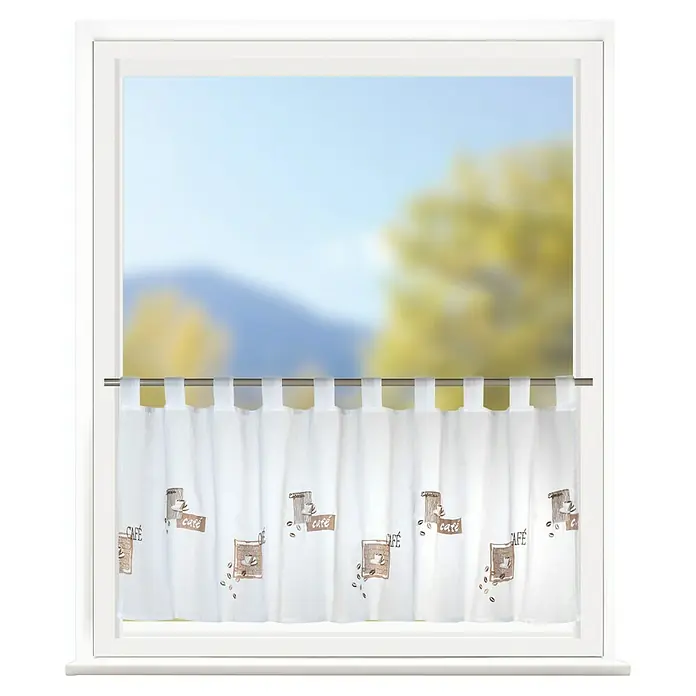 Elbersdrucke Cafehaus-Gardine Café - 140 x 48 cm, 100 % Polyester, Braun/Weiß - Scheibengardine mit Kaffeemotiv, ideal für Küche oder Café. Das transparente Gewebe lässt Licht herein, bietet aber dennoch Privatsphäre.