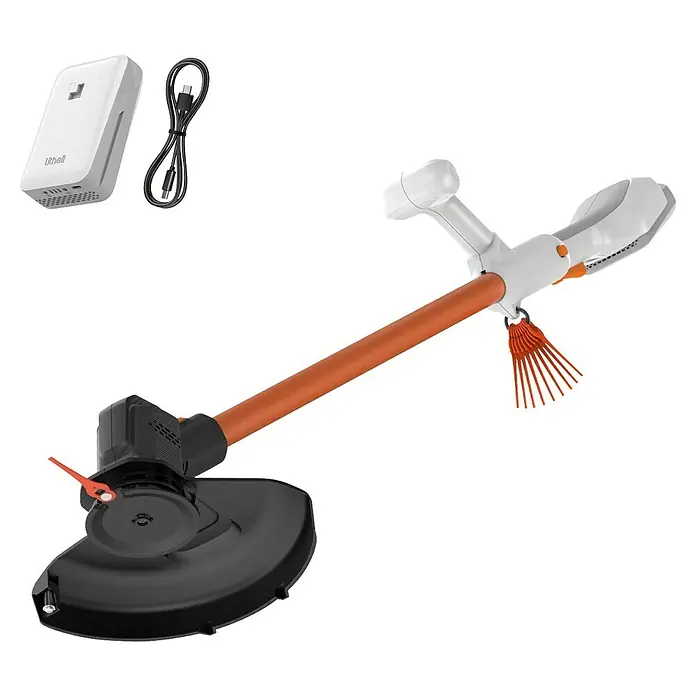 Litheli U20 Akku-Rasentrimmer HANDY+ - 20 V, 2 Ah, Li-Ionen, 1 Akku, Schnittbreite Messer: 25 cm - Oranger und weißer Rasentrimmer mit schwarzem Schutz, weißem Ladegerät, schwarzem USB-Kabel und kleinem orangem Rechenaufsatz.