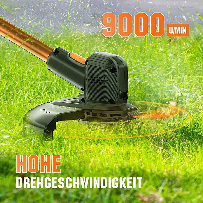 Litheli U20 Akku-Rasentrimmer HANDY+ - 20 V, 2 Ah, Li-Ionen, 1 Akku, Schnittbreite Messer: 25 cm - Orange-grauer Rasentrimmer in Aktion, schneidet Gras mit hoher Drehgeschwindigkeit (9000 U/Min).