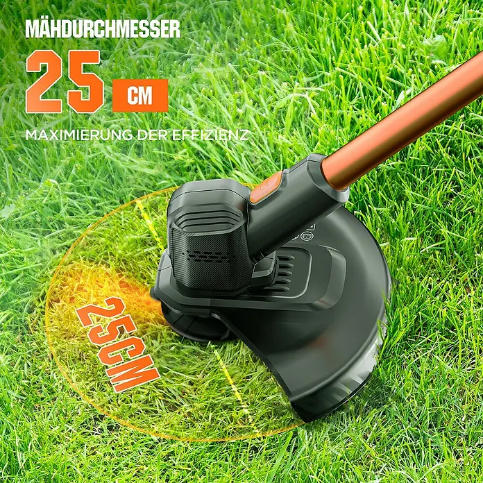 Litheli U20 Akku-Rasentrimmer HANDY+ - 20 V, 2 Ah, Li-Ionen, 1 Akku, Schnittbreite Messer: 25 cm - Schwarz-oranger Rasentrimmer schneidet Gras, zeigt 25 cm Schnittdurchmesser für maximale Effizienz.