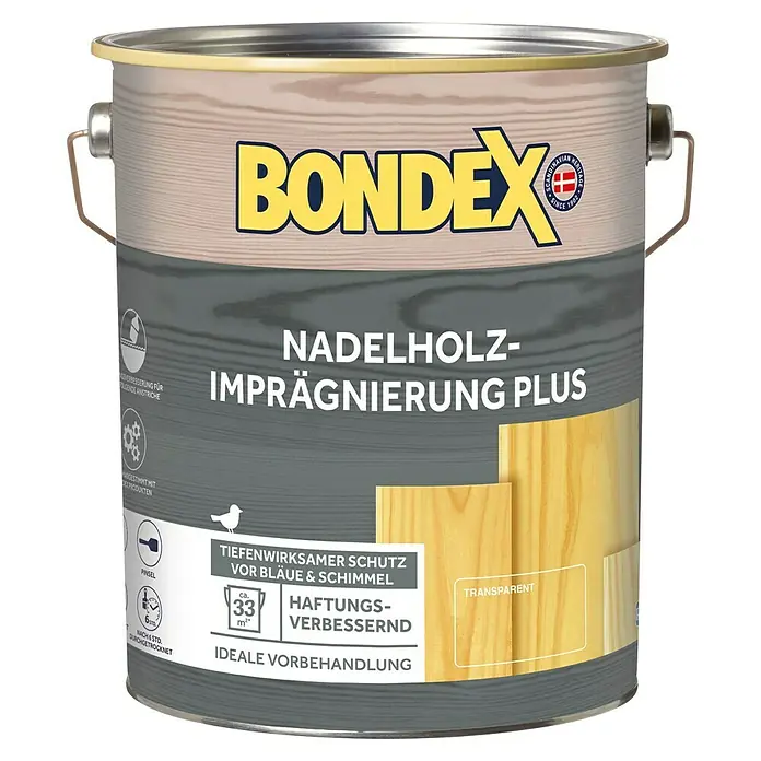 Bondex Imprägnierung Nadelholz-Imprägnierung Plus - Farblos, 4 l - Abbildung eines Bondex Nadelholz-Imprägnierung Plus-Eimers, transparent, zum Schutz und zur Vorbehandlung von Nadelholz.