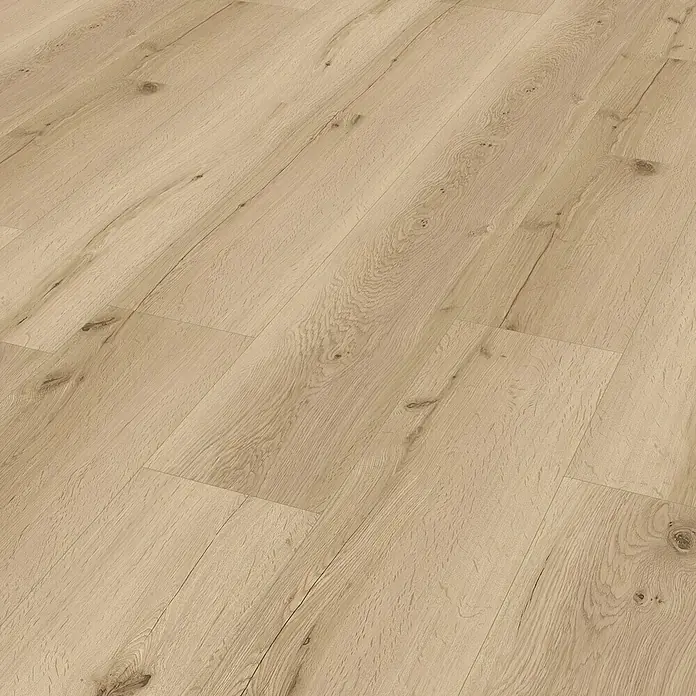 Vinylboden Rigid - Eiche Broendby, Landhausdiele, 1.220 x 229 x 4 mm - Detailaufnahme von hellem Laminatboden mit dezenter Holzmaserung, ideal für moderne Wohnräume.