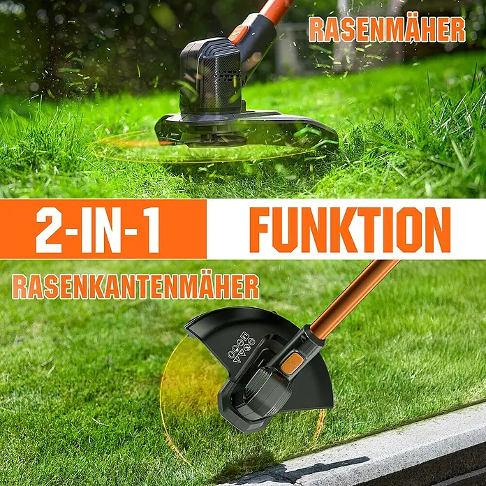 Litheli U20 Akku-Rasentrimmer HANDY+ - 20 V, 2 Ah, Li-Ionen, 1 Akku, Schnittbreite Messer: 25 cm - Schwarz-oranger 2-in-1 Rasentrimmer und Kantenschneider in Gebrauch, beim Mähen und Kanten trimmen.