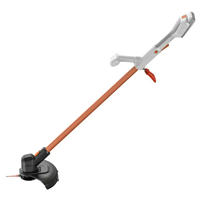 Litheli U20 Akku-Rasentrimmer HANDY+ - 20 V, 2 Ah, Li-Ionen, 1 Akku, Schnittbreite Messer: 25 cm - Ein grau-weiß-schwarzer Rasentrimmer mit orangefarbenen Akzenten und braunem Schaft, ausgestattet mit einer kleinen roten Schneidlinie.