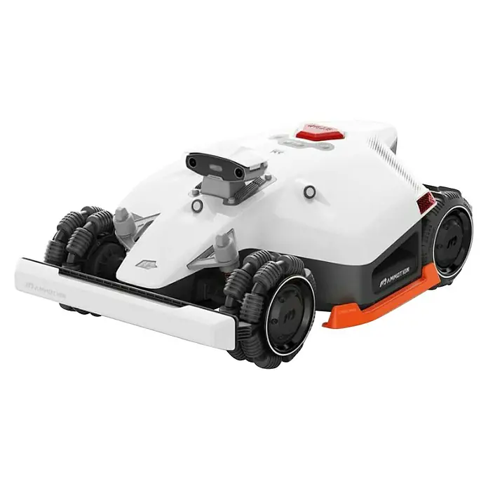 Mammotion Mähroboter Luba 2 AWD 3000X - 3.000 m², Schnittbreite: 400 mm, Satellitengestützte Navigation, GPS - Weiß-grauer Rasenroboter mit orangefarbenen Akzenten und einzigartigen omnidirektionalen Rädern, ausgestattet mit einem oberen Sensormodul.