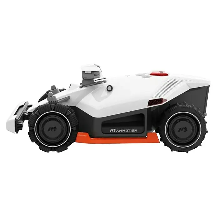 Mammotion Mähroboter Luba 2 AWD 3000X - 3.000 m², Schnittbreite: 400 mm, Satellitengestützte Navigation, GPS - Weißer und dunkelgrauer Mähroboter mit robusten schwarzen Rädern und orangen Akzenten, elegantem Design, Sensoren und "AMMOTION"-Branding.