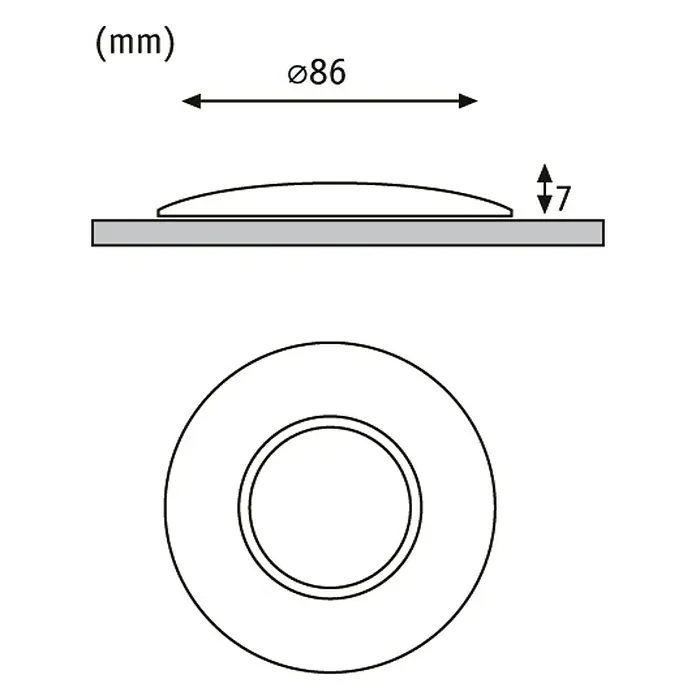 Paulmann Special Line LED-Einbauleuchten-Abdeckung - Edelstahl, Durchmesser: 86 mm, IP65 - Darstellung der Abmessungen eines runden Produkts, Durchmesser 86 mm und Höhe 7 mm.