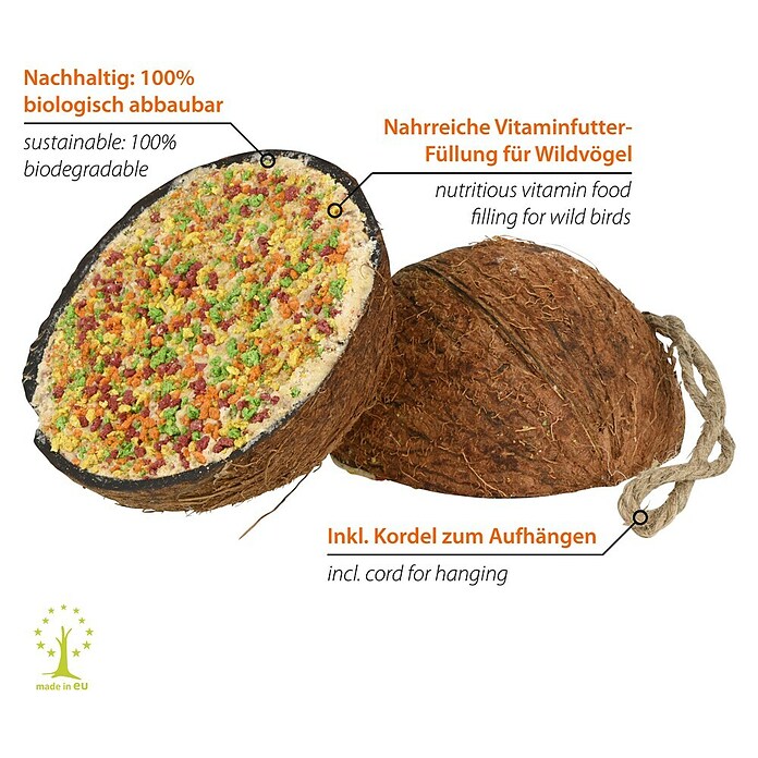 Dobar Wildvogelfutter gefüllte Kokosnusshälfen (10 Stück zu je 200g, Mit Kordel) | BAUHAUS