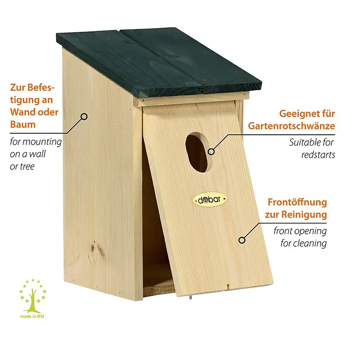 Dobar Nistkasten für Gartenrotschwanz - 14 x 18,5 x 27,7 cm, Holz, Natur, Grün - Ein großes, unbehandeltes Holzvogelhaus mit einem schrägen grünen Dach und einem Loch für den Eingang für die Vögel.