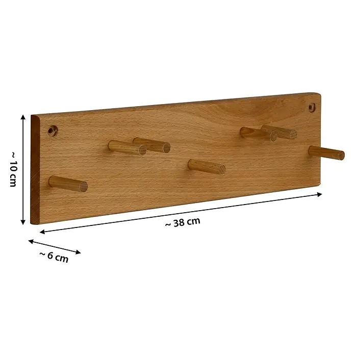 Dobar Gerätehalter klein - L x B x H: 36 x 6 x 10 cm, Rotbuche, Natur - Hölzerne Wandgarderobe mit mehreren Stiften zum Aufhängen von Kleidung oder Accessoires. Praktisch und dekorativ für den Flur.