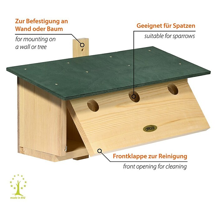 Dobar Nistkasten für Spatzen (L x B x H: 50 x 22 x 30 cm, Natur, Grün, Holz) | BAUHAUS