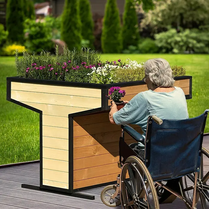 Dobar Hochbeet Wheely - L x B x H: 112 x 112 x 94 cm, Holz, Braun/Schwarz - Diese ebenerdige Gartenanlage ermöglicht bequemes Gärtnern im Rollstuhl. Das Pflanzgefäß in T-Form bietet die ideale Höhe für Gartenliebhaber.