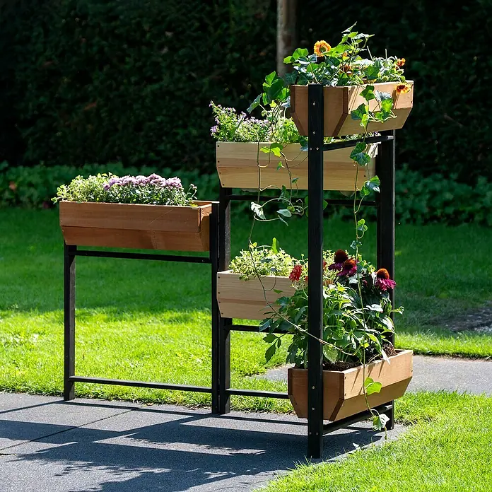 Dobar Hochbeet Flexi - L x B x H: 165 x 18 x 105 cm, Holz, Schwarz, Braun, Natur - Stufenförmiger Pflanzenständer aus Holz mit verschiedenen bunten Blumen, ideal für Garten, Balkon oder Terrasse.