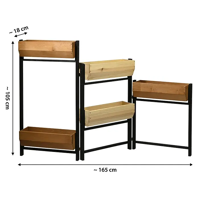 Dobar Hochbeet Flexi - L x B x H: 165 x 18 x 105 cm, Holz, Schwarz, Braun, Natur - Bild von einem mehrstöckigen Holz-Pflanzenständer. Ideal für Kräuter oder Blumen und für Balkon oder Terrasse.